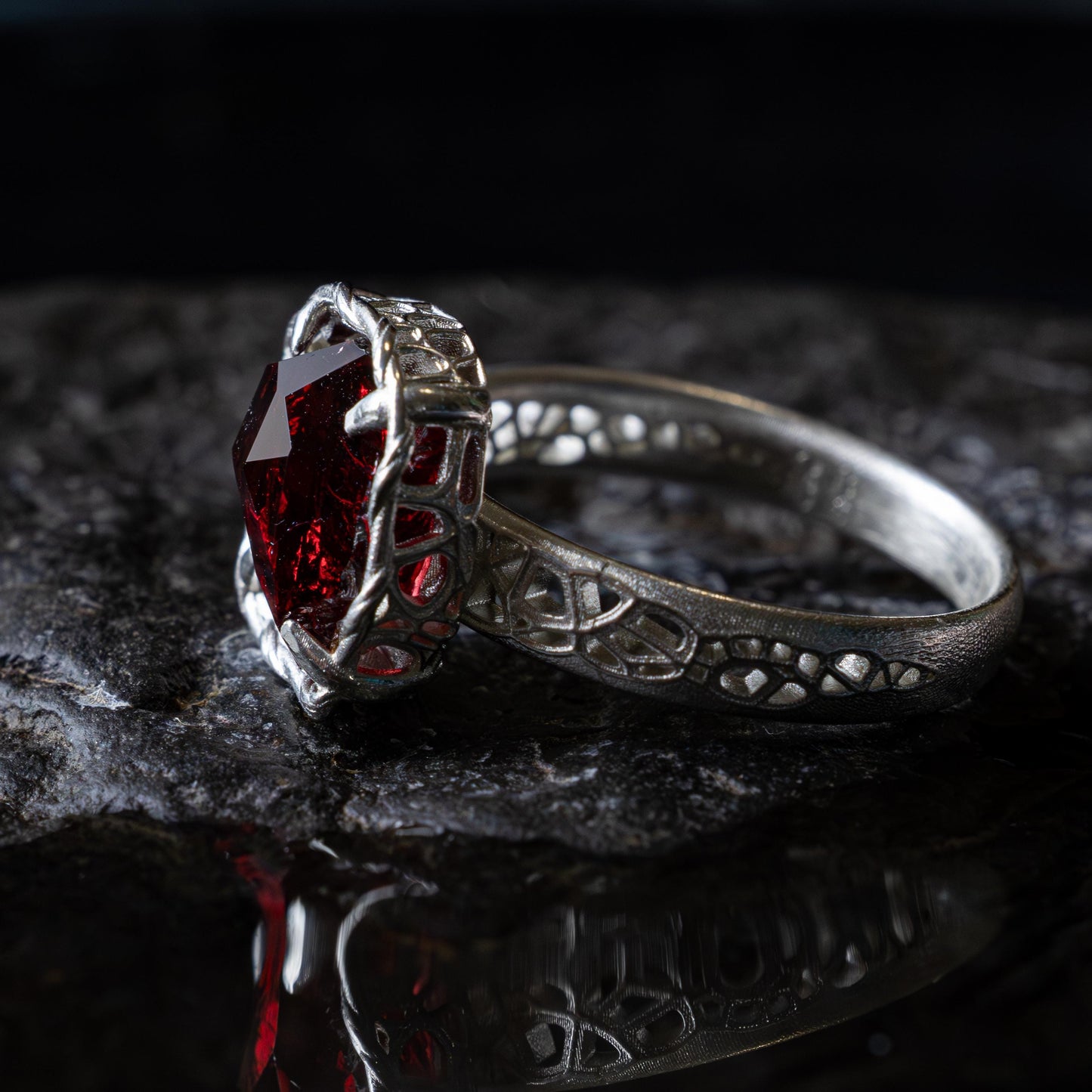Hand Cut Rubellite Garnet Solitaire Ring — Sterling Silver, Sculptural Design item 1040 silver, Garnet