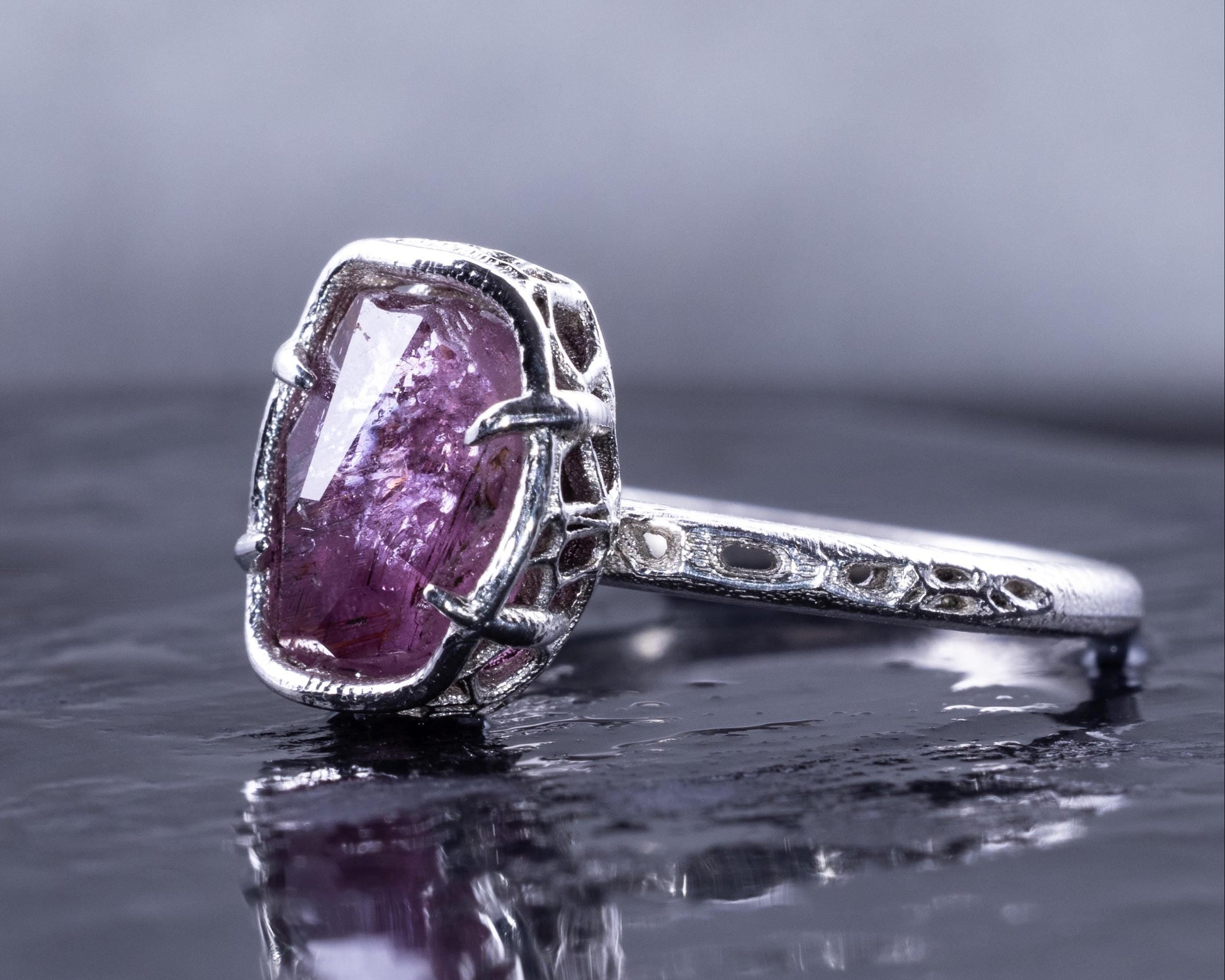 Hand Faceted Pink Sapphire Ring – Sculptural Sterling Silver Lattice Statement ring item 1050 Sterling Silver, sapphire
