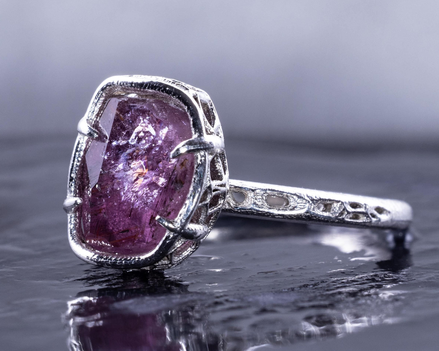 Hand Faceted Pink Sapphire Ring – Sculptural Sterling Silver Lattice Statement ring item 1050 Sterling Silver, sapphire