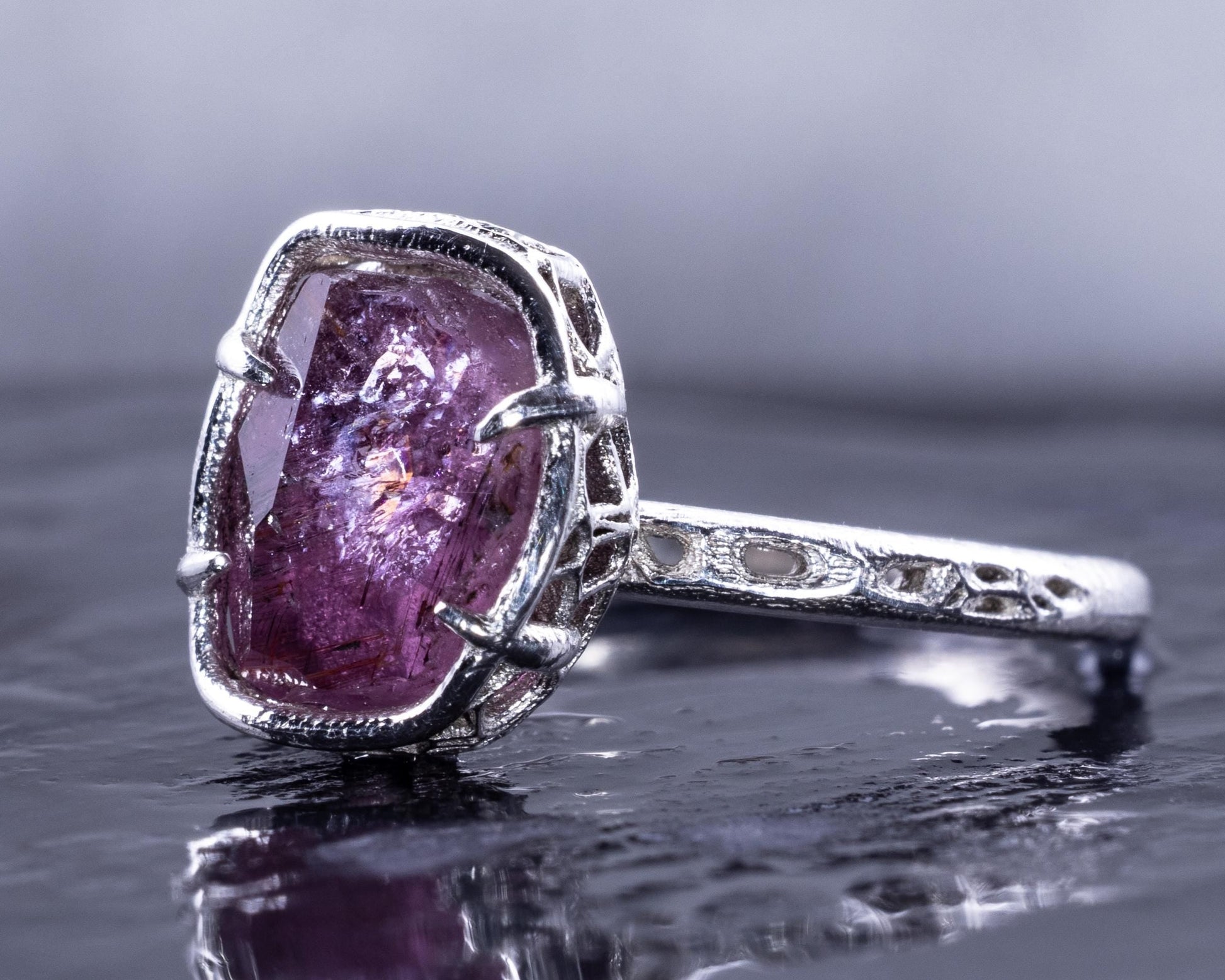 Hand Faceted Pink Sapphire Ring – Sculptural Sterling Silver Lattice Statement ring item 1050 Sterling Silver, sapphire