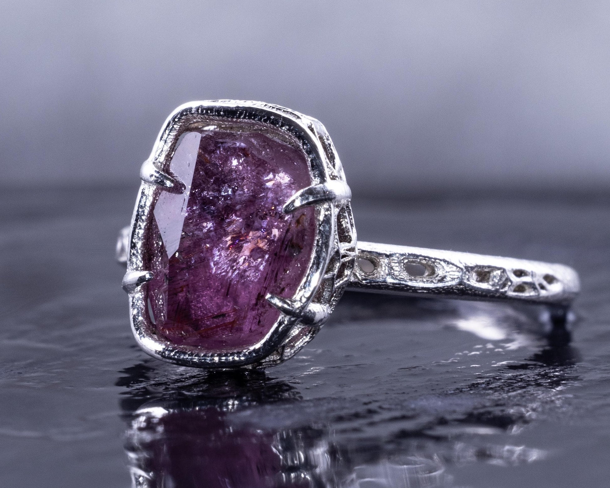 Hand Faceted Pink Sapphire Ring – Sculptural Sterling Silver Lattice Statement ring item 1050 Sterling Silver, sapphire