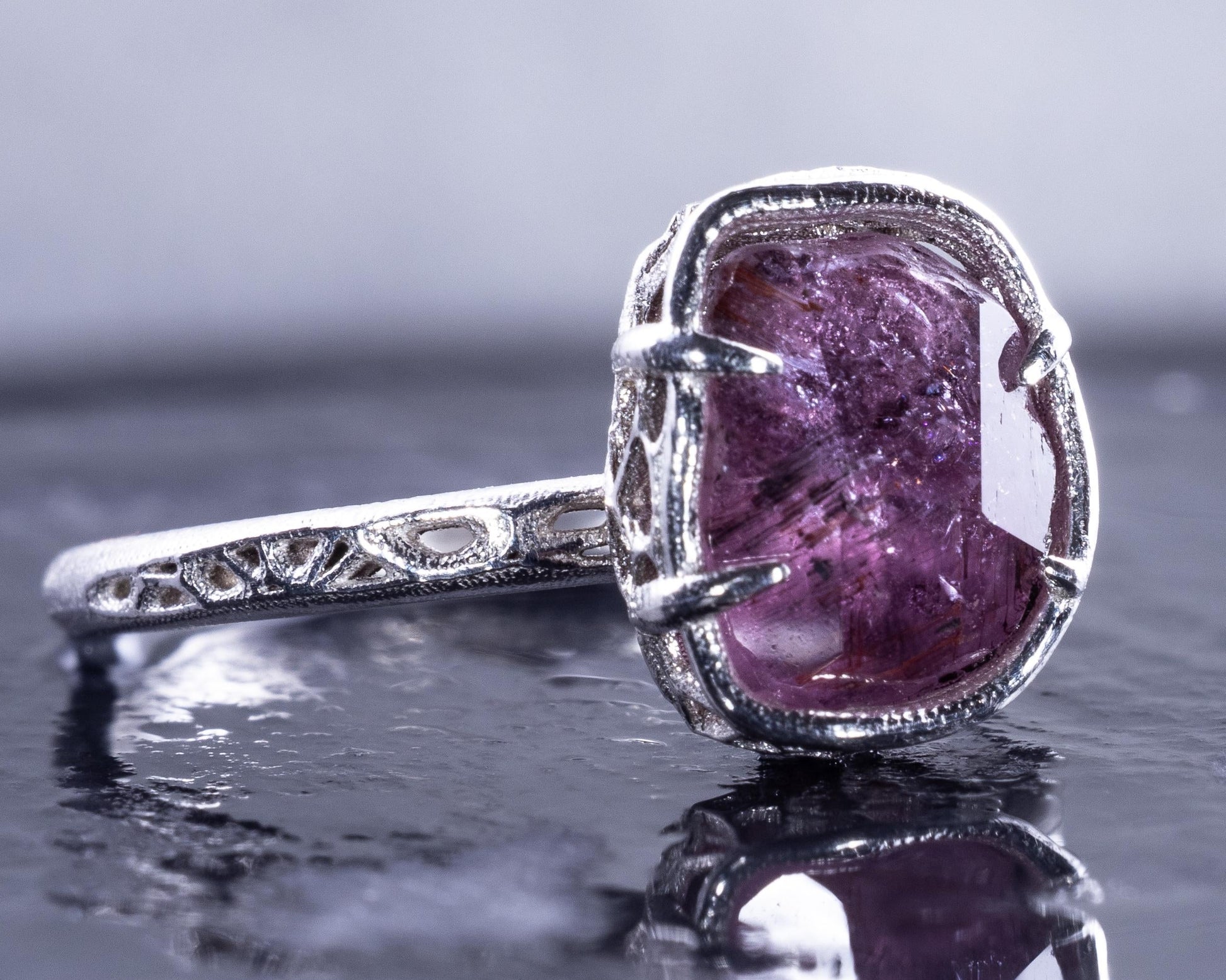 Hand Faceted Pink Sapphire Ring – Sculptural Sterling Silver Lattice Statement ring item 1050 Sterling Silver, sapphire