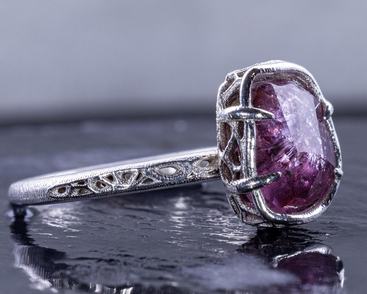 Hand Faceted Pink Sapphire Ring – Sculptural Sterling Silver Lattice Statement ring item 1050 Sterling Silver, sapphire