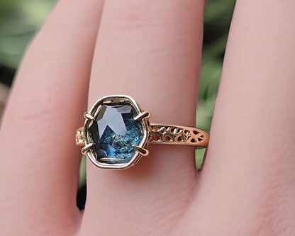 Deep Green Montana Sapphire Ring in 14k Yellow Gold, Hand-Finished Lattice, One of a Kind 14k gold, yellow gold, Montana Sapphire, Green Sapphire