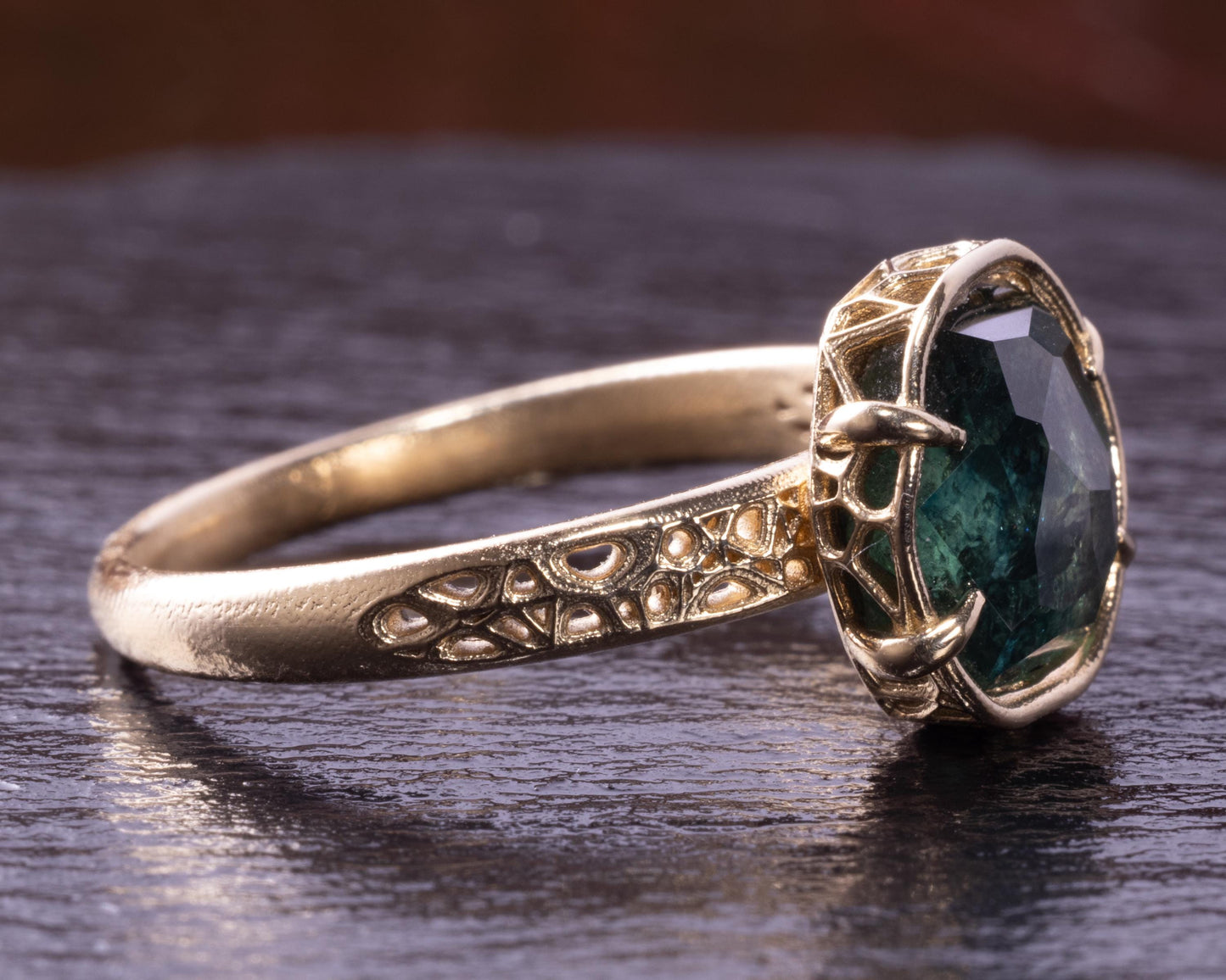 Deep Green Montana Sapphire Ring in 14k Yellow Gold, Hand-Finished Lattice, One of a Kind 14k gold, yellow gold, Montana Sapphire, Green Sapphire