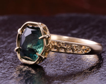 Deep Green Montana Sapphire Ring in 14k Yellow Gold, Hand-Finished Lattice, One of a Kind 14k gold, yellow gold, Montana Sapphire, Green Sapphire