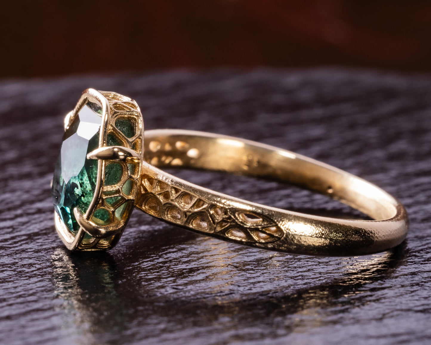 Deep Green Montana Sapphire Ring in 14k Yellow Gold, Hand-Finished Lattice, One of a Kind 14k gold, yellow gold, Montana Sapphire, Green Sapphire
