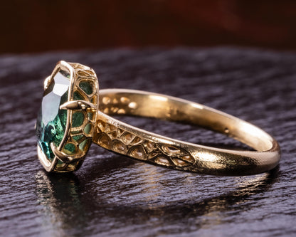 Deep Green Montana Sapphire Ring in 14k Yellow Gold, Hand-Finished Lattice, One of a Kind 14k gold, yellow gold, Montana Sapphire, Green Sapphire