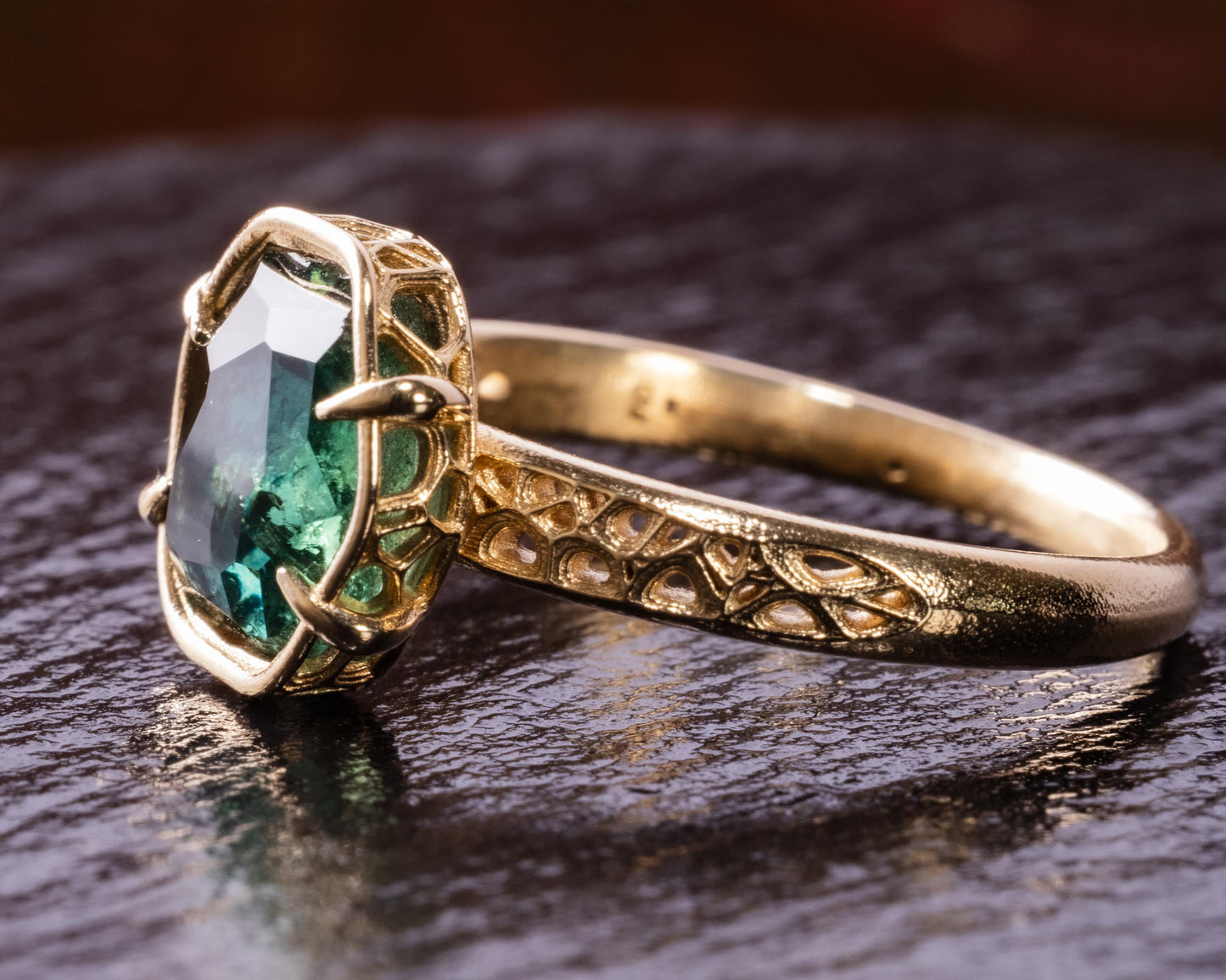 Deep Green Montana Sapphire Ring in 14k Yellow Gold, Hand-Finished Lattice, One of a Kind 14k gold, yellow gold, Montana Sapphire, Green Sapphire