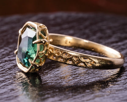 Deep Green Montana Sapphire Ring in 14k Yellow Gold, Hand-Finished Lattice, One of a Kind 14k gold, yellow gold, Montana Sapphire, Green Sapphire