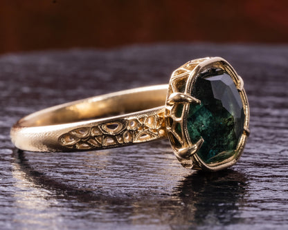 Deep Green Montana Sapphire Ring in 14k Yellow Gold, Hand-Finished Lattice, One of a Kind 14k gold, yellow gold, Montana Sapphire, Green Sapphire