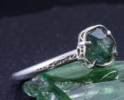 Hand-Cut Blue Green Sapphire Ring in Sterling Silver Size 5.5 item 1047 silver, sapphire