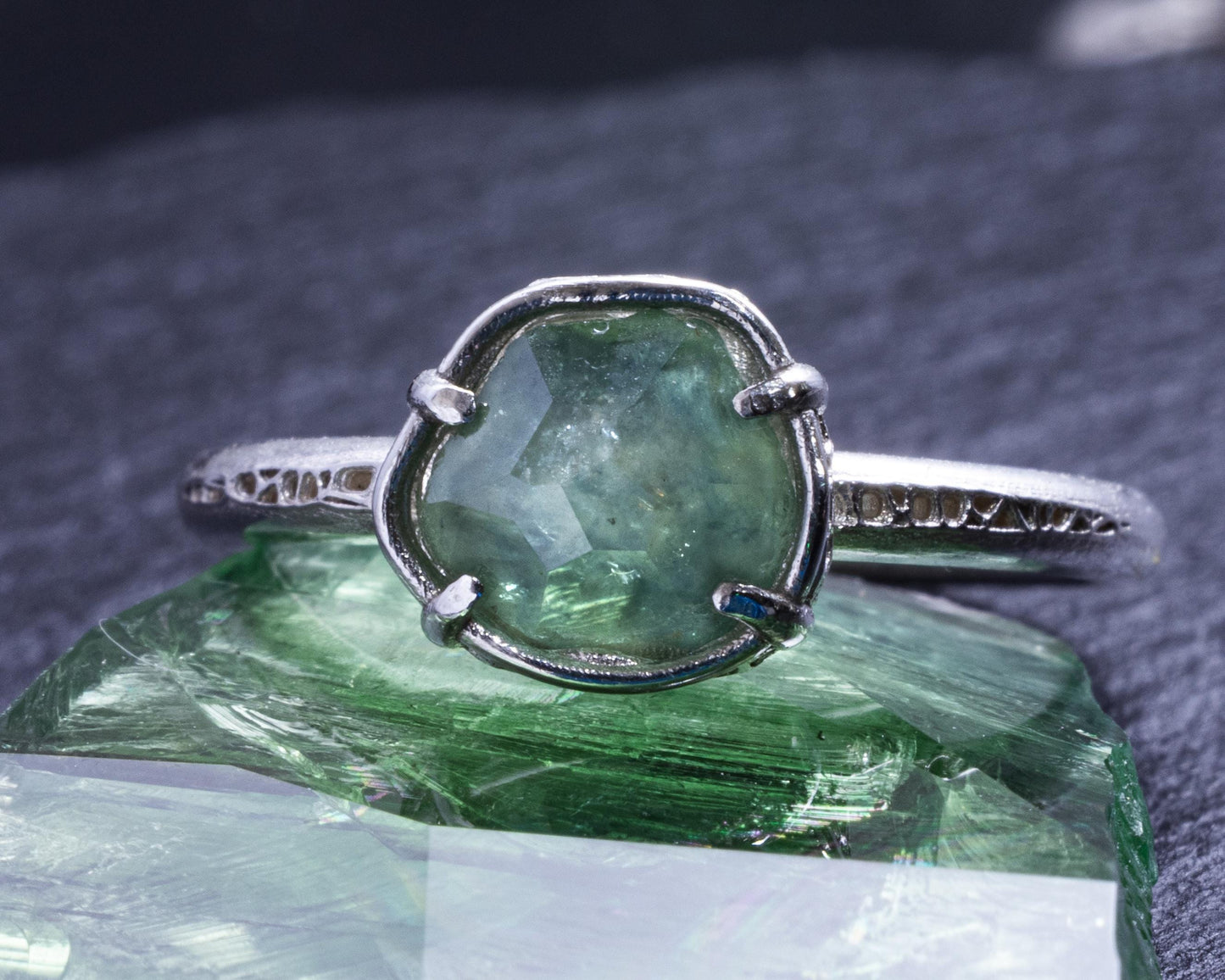 Hand-Cut Blue Green Sapphire Ring in Sterling Silver Size 5.5 item 1047 silver, sapphire