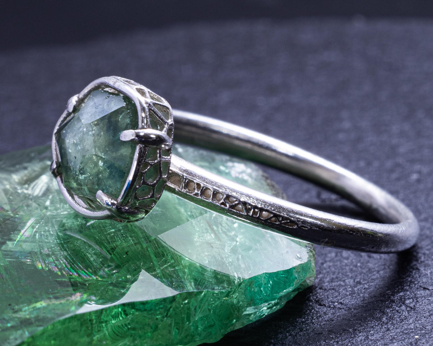 Hand-Cut Blue Green Sapphire Ring in Sterling Silver Size 5.5 item 1047 silver, sapphire