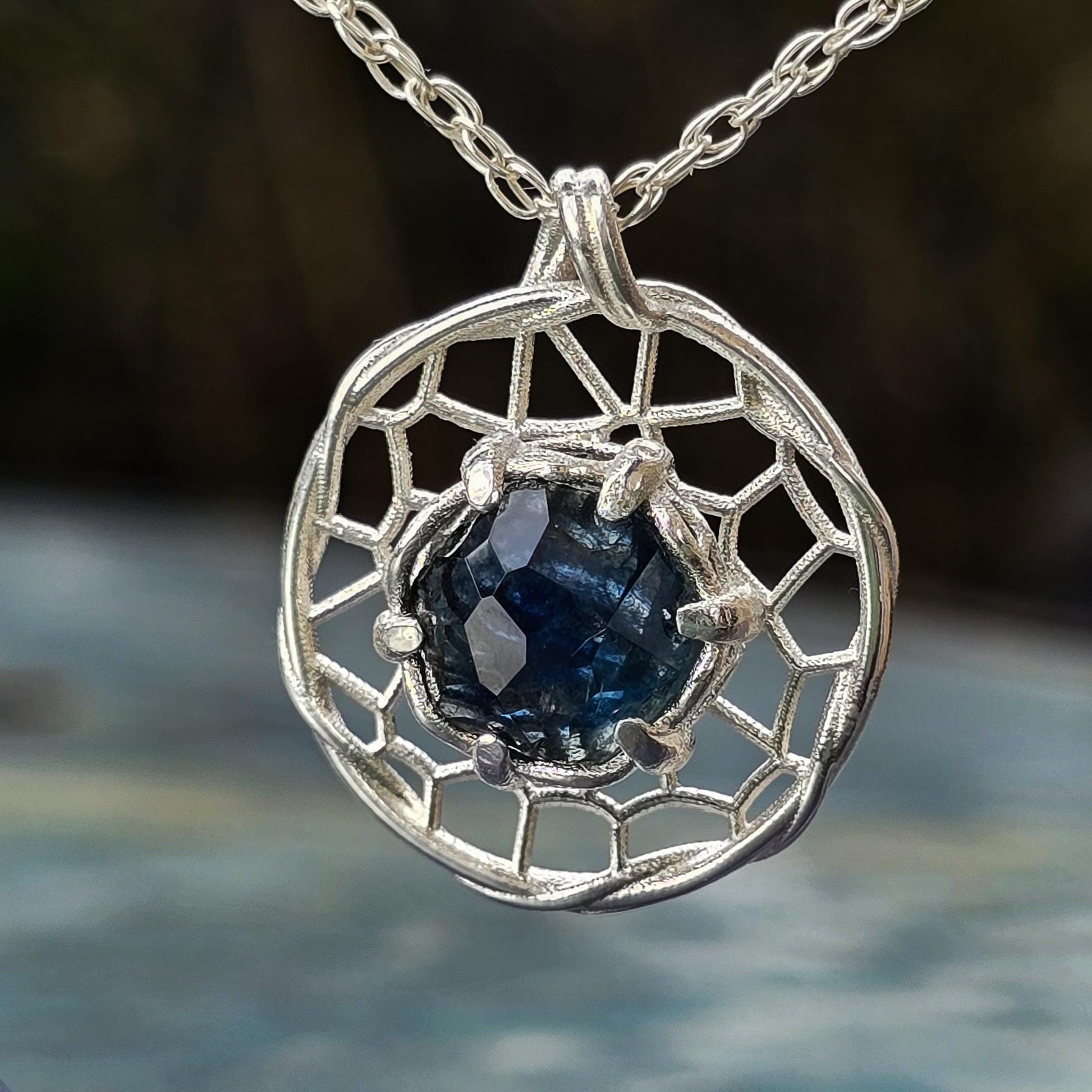 Hand Cut Montana Sapphire Sterling Silver Pendant - Dreamcatcher Necklace item 1004 Sterling silver