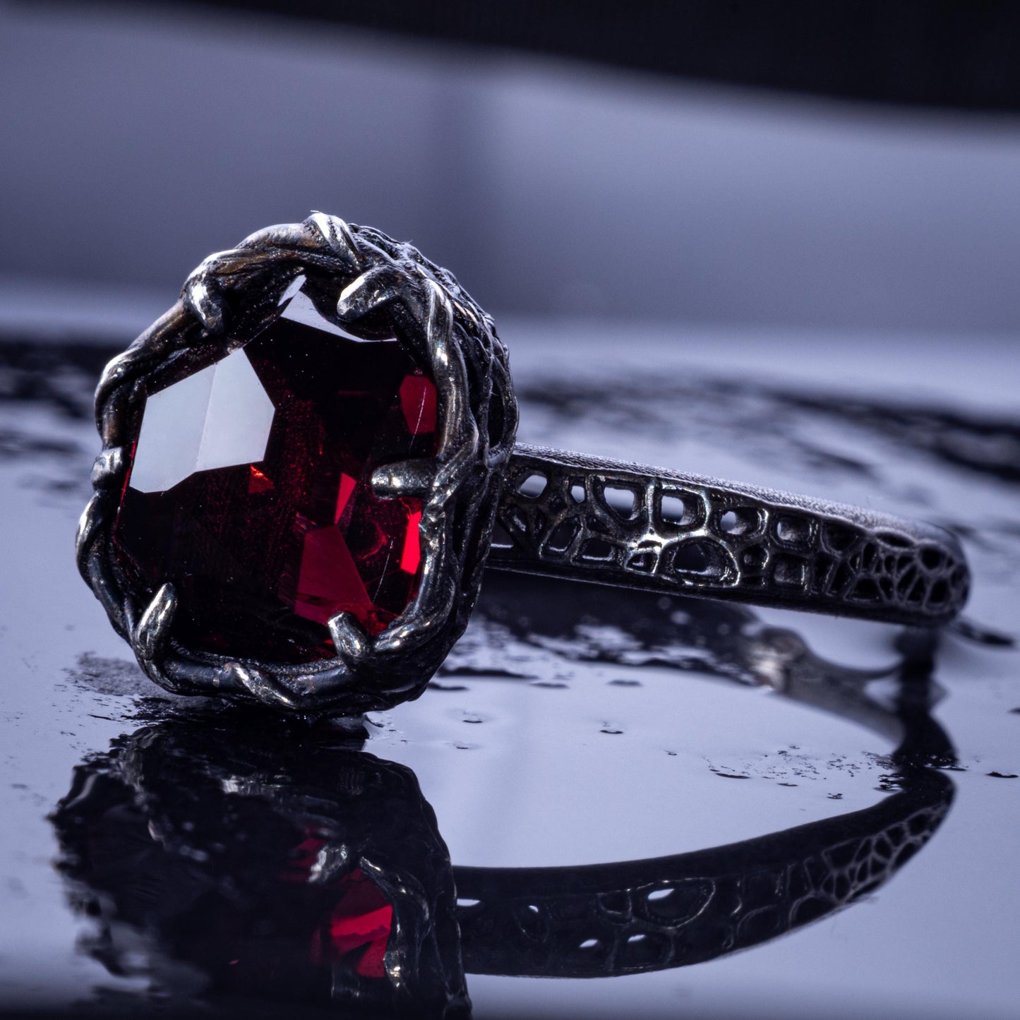 Hand Cut Rubellite Garnet Solitaire Ring — Sterling Silver, Sculptural Design item 1036 silver, Garnet