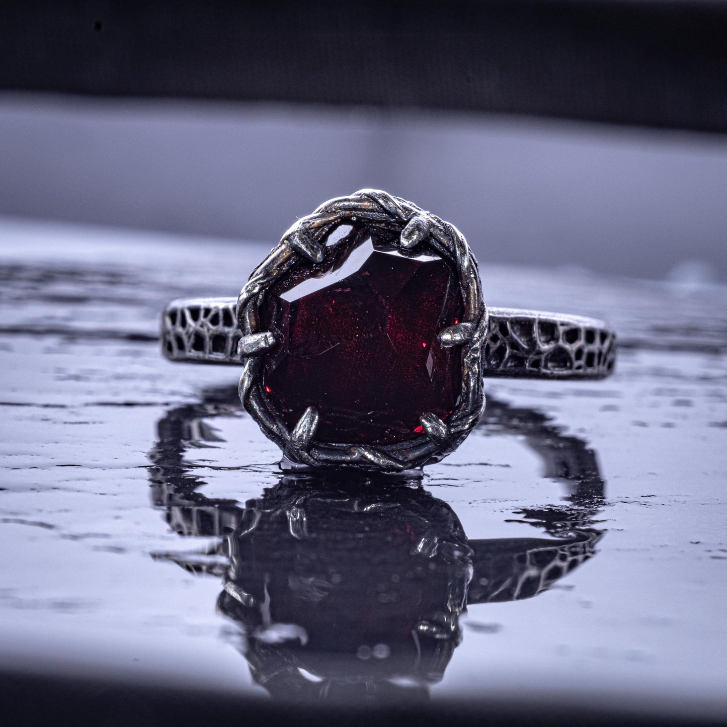 Hand Cut Rubellite Garnet Solitaire Ring — Sterling Silver, Sculptural Design item 1036 silver, Garnet