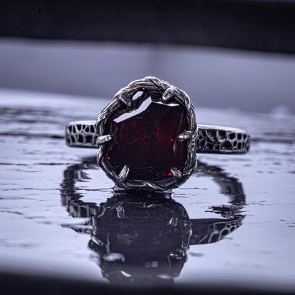 Hand Cut Rubellite Garnet Solitaire Ring — Sterling Silver, Sculptural Design item 1036 silver, Garnet