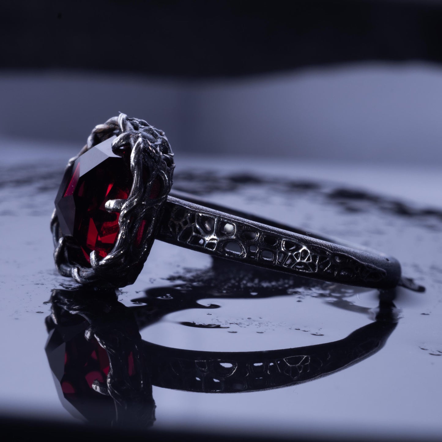 Hand Cut Rubellite Garnet Solitaire Ring — Sterling Silver, Sculptural Design item 1036 silver, Garnet