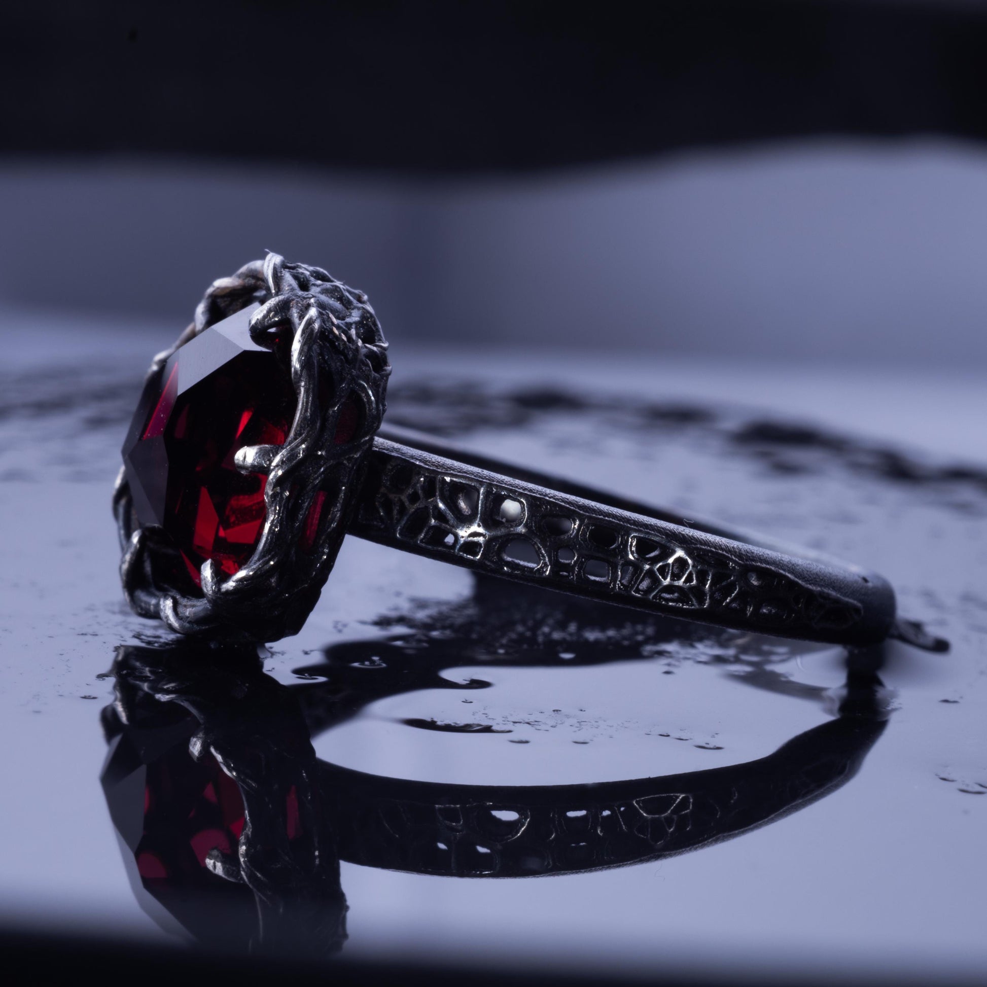 Hand Cut Rubellite Garnet Solitaire Ring — Sterling Silver, Sculptural Design item 1036 silver, Garnet