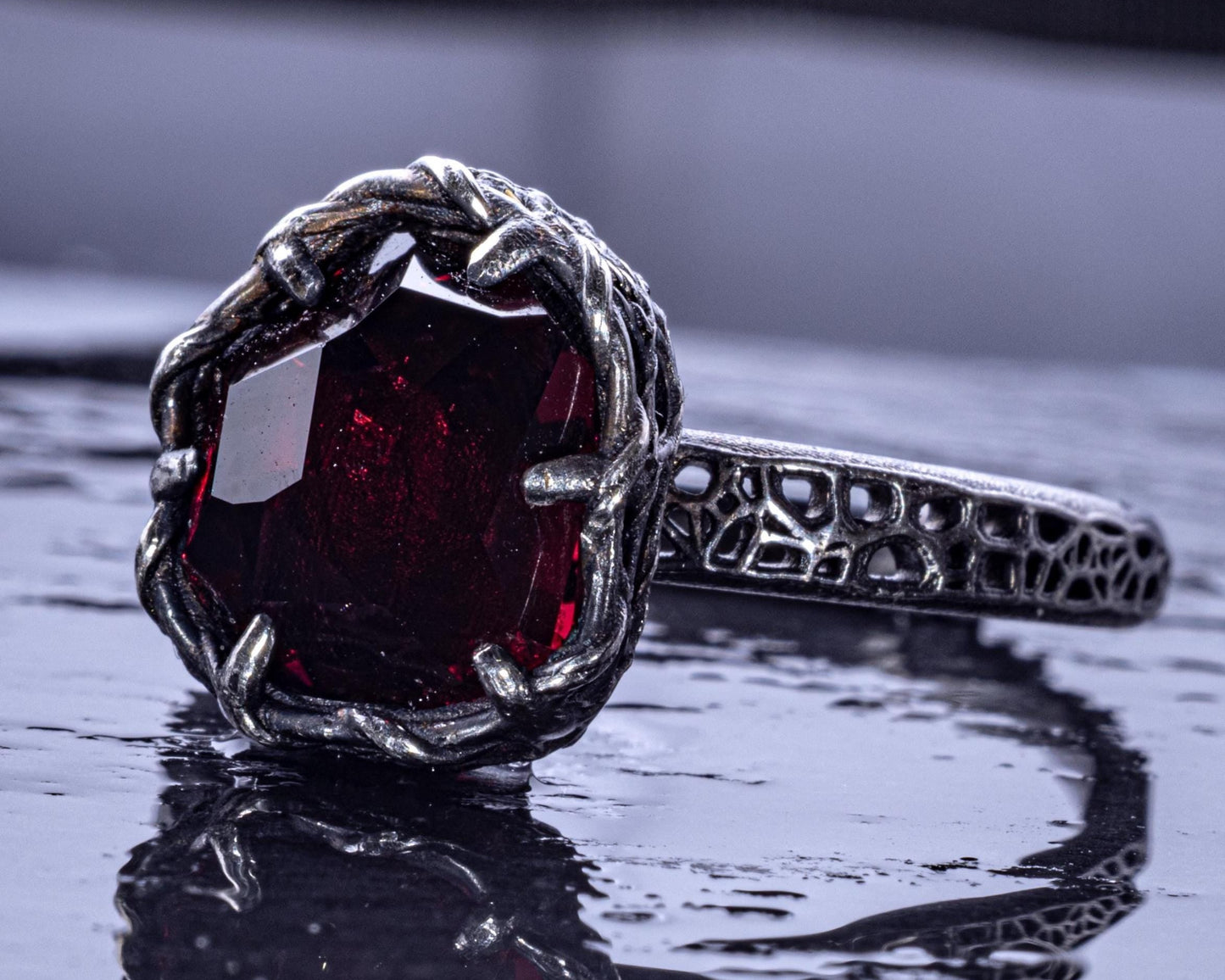 Hand Cut Rubellite Garnet Solitaire Ring — Sterling Silver, Sculptural Design item 1036 silver, Garnet