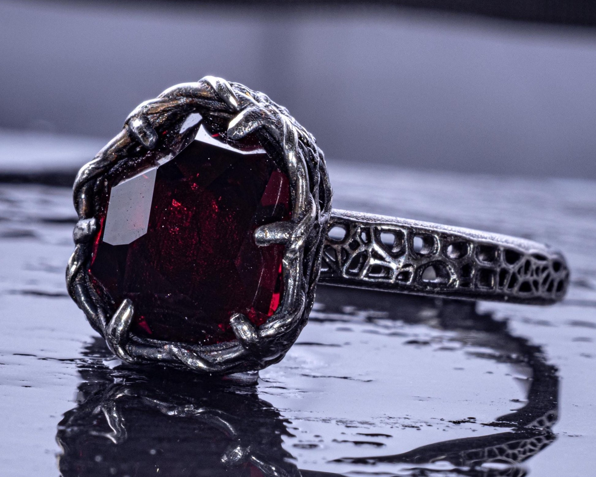 Hand Cut Rubellite Garnet Solitaire Ring — Sterling Silver, Sculptural Design item 1036 silver, Garnet