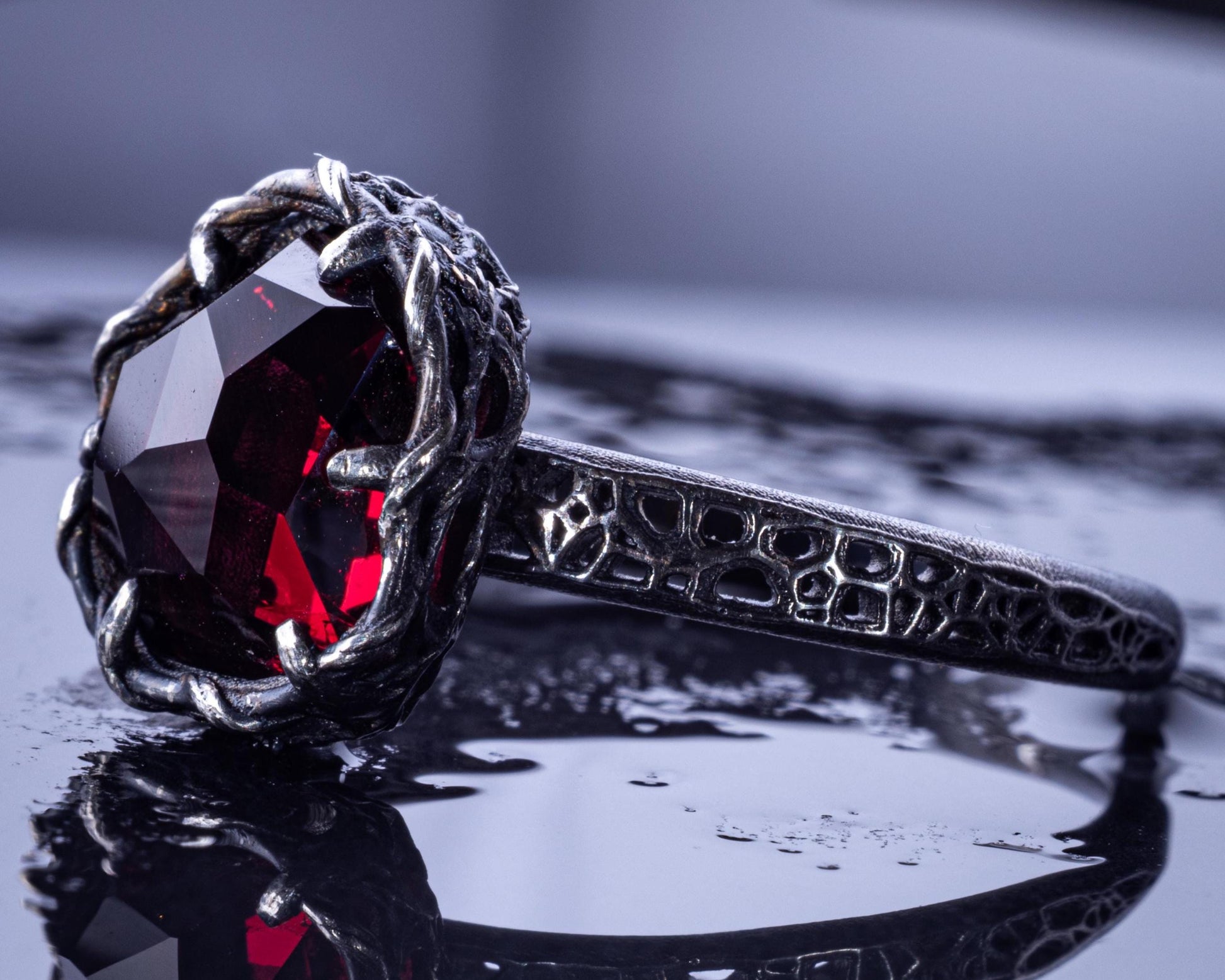 Hand Cut Rubellite Garnet Solitaire Ring — Sterling Silver, Sculptural Design item 1036 silver, Garnet