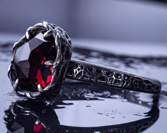 Hand Cut Rubellite Garnet Solitaire Ring — Sterling Silver, Sculptural Design item 1036 silver, Garnet