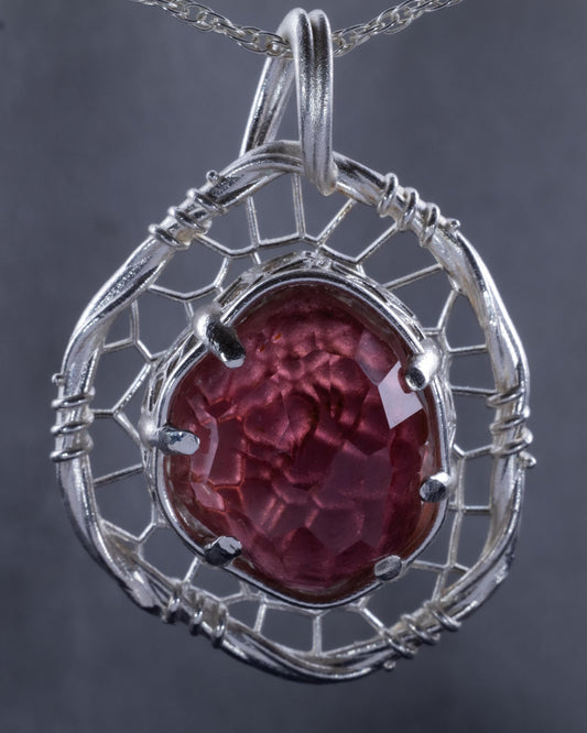 Hand Cut Tourmaline Pendant Necklace in Sterling Silver – Dreamcatcher Reimagined, item 1011 Sterling silver, Red Tourmaline