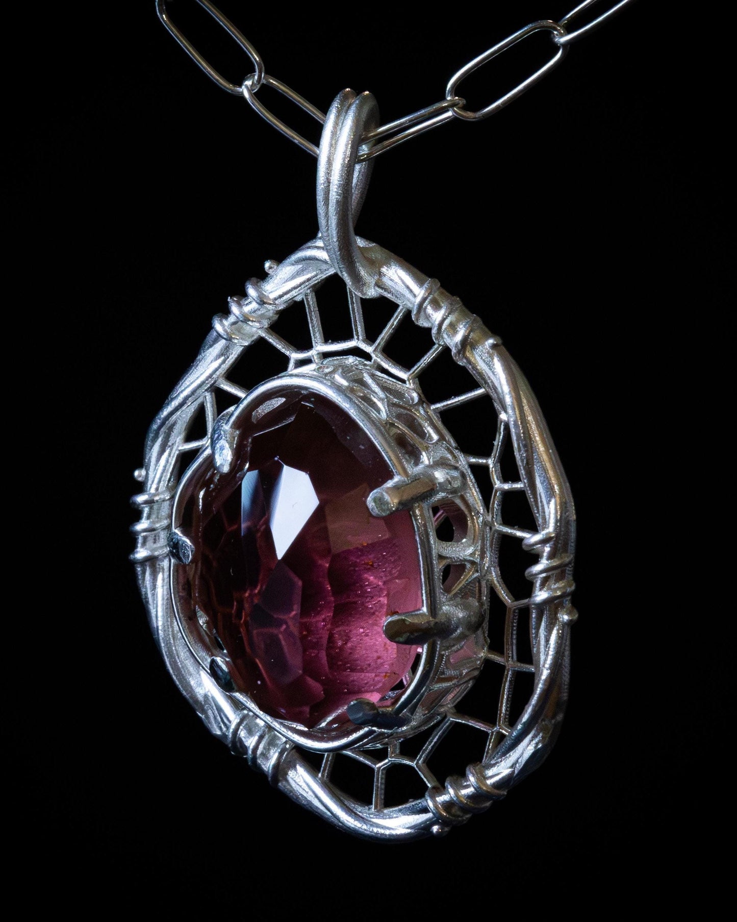 Hand Cut Tourmaline Pendant Necklace in Sterling Silver – Dreamcatcher Reimagined, item 1011 Sterling silver, Red Tourmaline