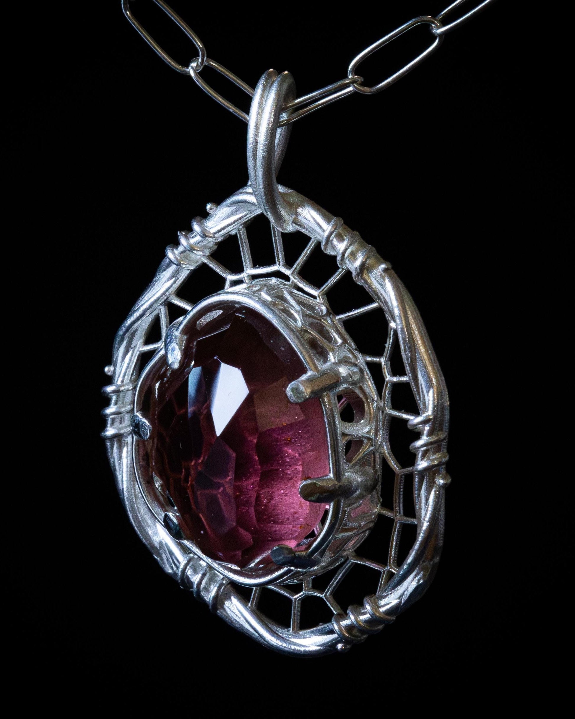 Hand Cut Tourmaline Pendant Necklace in Sterling Silver – Dreamcatcher Reimagined, item 1011 Sterling silver, Red Tourmaline