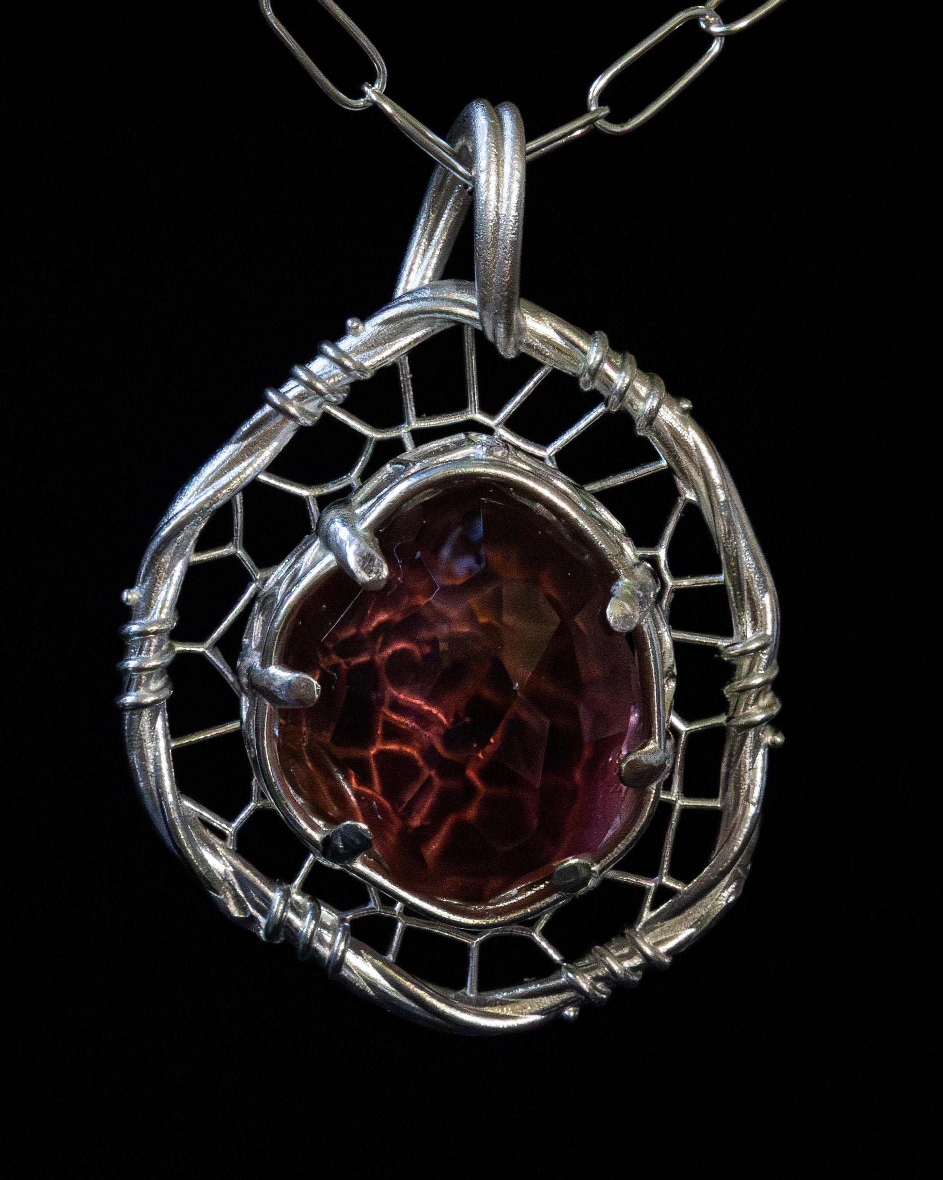 Hand Cut Tourmaline Pendant Necklace in Sterling Silver – Dreamcatcher Reimagined, item 1011 Sterling silver, Red Tourmaline