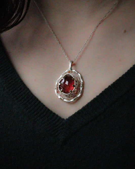 Hand Cut Tourmaline Pendant Necklace in Sterling Silver – Dreamcatcher Reimagined, item 1011 Sterling silver, Red Tourmaline