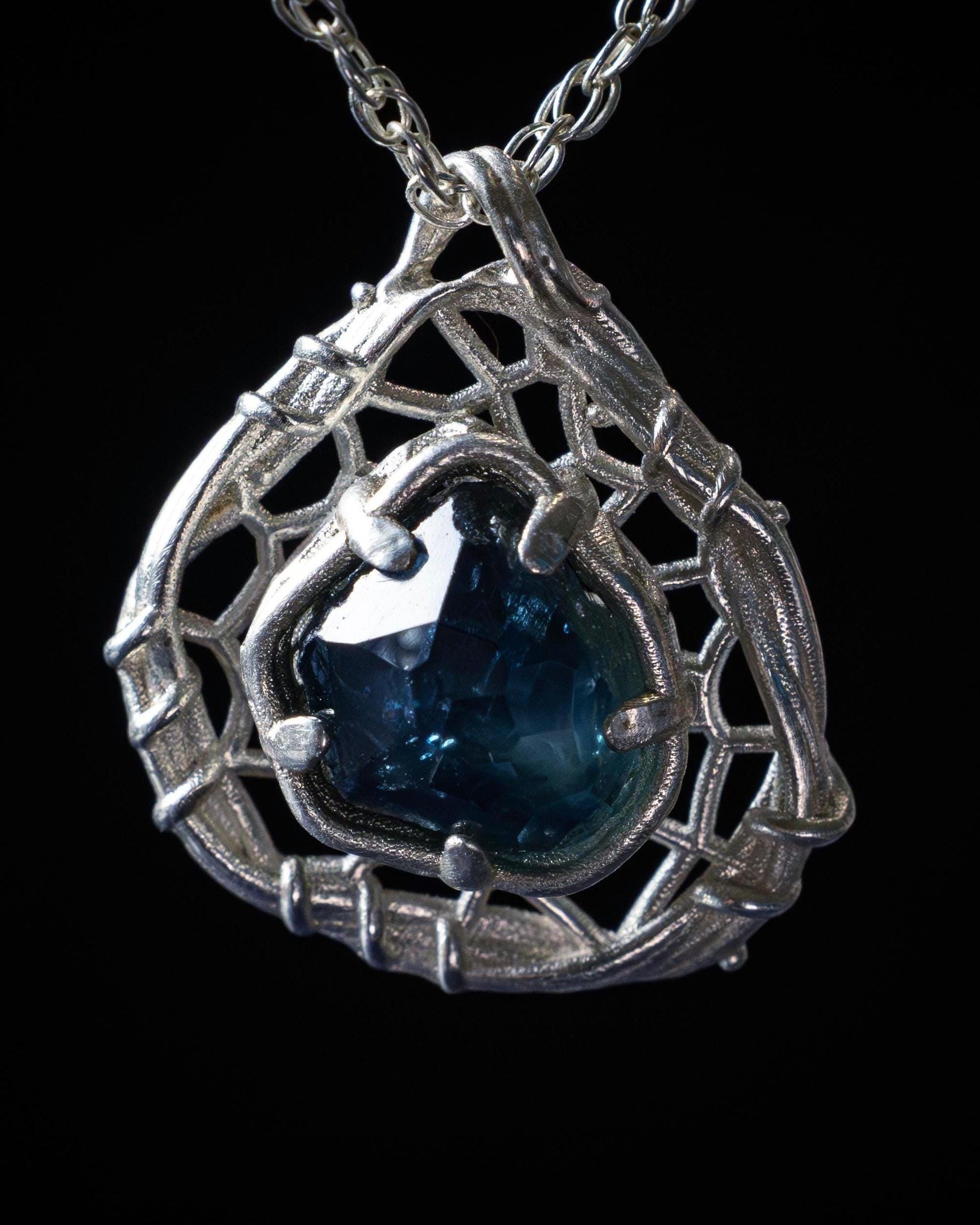 Hand Cut Montana Sapphire Sterling Silver Pendant - Dreamcatcher Necklace item 1009 Sterling silver, blue green sapphire, Montana Sapphire