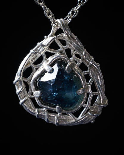Hand Cut Montana Sapphire Sterling Silver Pendant - Dreamcatcher Necklace item 1009 Sterling silver, blue green sapphire, Montana Sapphire