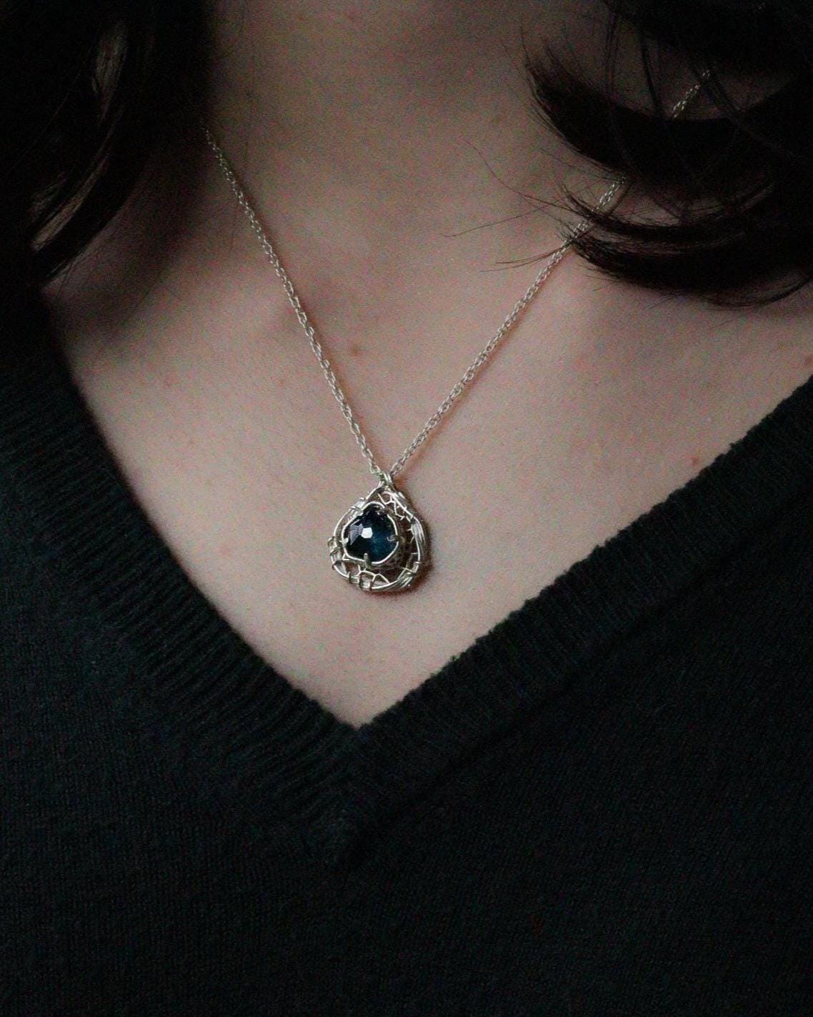 Hand Cut Montana Sapphire Sterling Silver Pendant - Dreamcatcher Necklace item 1009 Sterling silver, blue green sapphire, Montana Sapphire