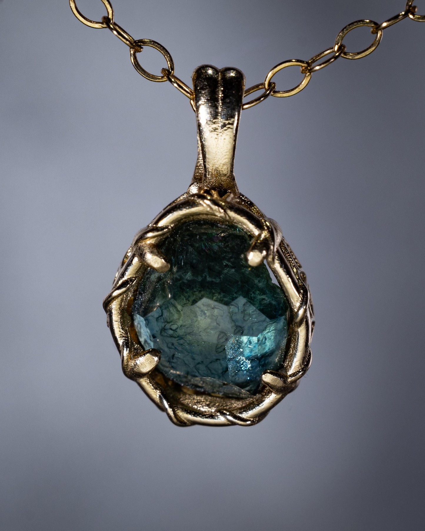 14k Yellow Gold Montana Sapphire Pendant, Handmade Fine Jewelry, item 1032 gold, teal sapphire, sapphire, blue green sapphire
