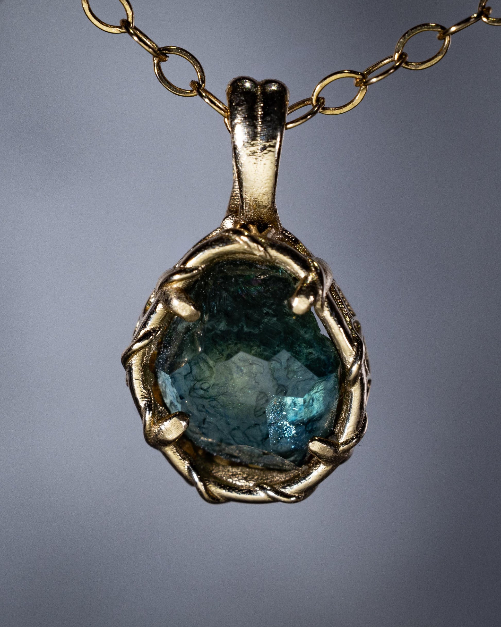14k Yellow Gold Montana Sapphire Pendant, Handmade Fine Jewelry, item 1032 gold, teal sapphire, sapphire, blue green sapphire