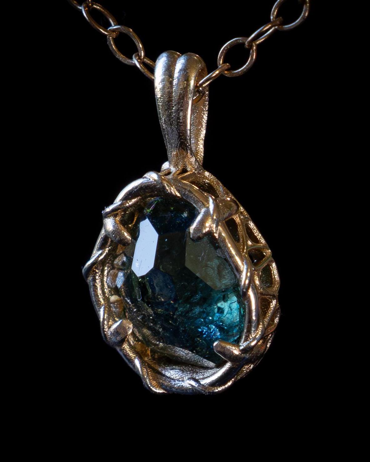 14k Yellow Gold Montana Sapphire Pendant, Handmade Fine Jewelry, item 1032 gold, teal sapphire, sapphire, blue green sapphire