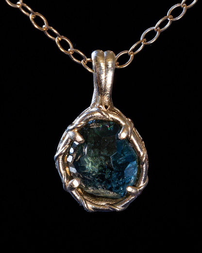 14k Yellow Gold Montana Sapphire Pendant, Handmade Fine Jewelry, item 1032 gold, teal sapphire, sapphire, blue green sapphire