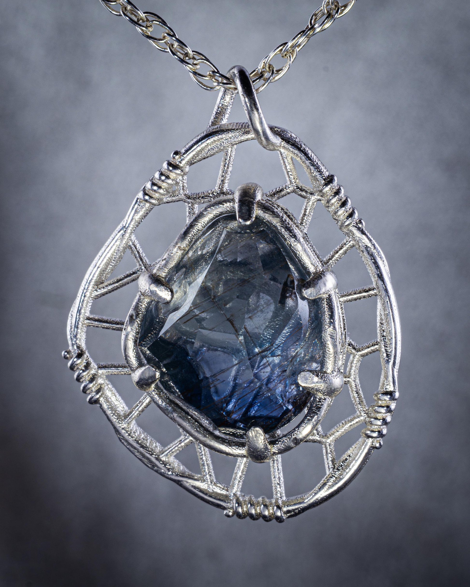 Hand Cut Rutilated Sapphire Sterling Silver Pendant - Dreamcatcher Necklace item 1005 Sterling silver, Sapphire