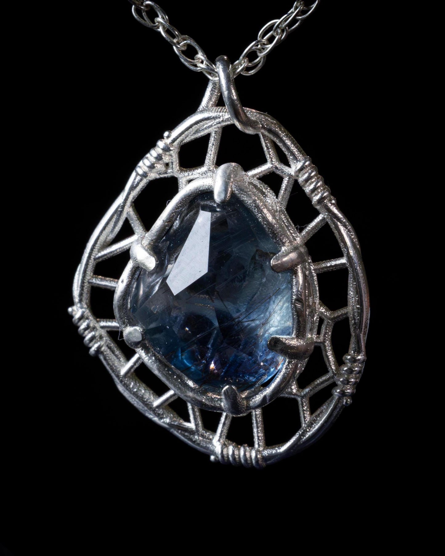 Hand Cut Rutilated Sapphire Sterling Silver Pendant - Dreamcatcher Necklace item 1005 Sterling silver, Sapphire