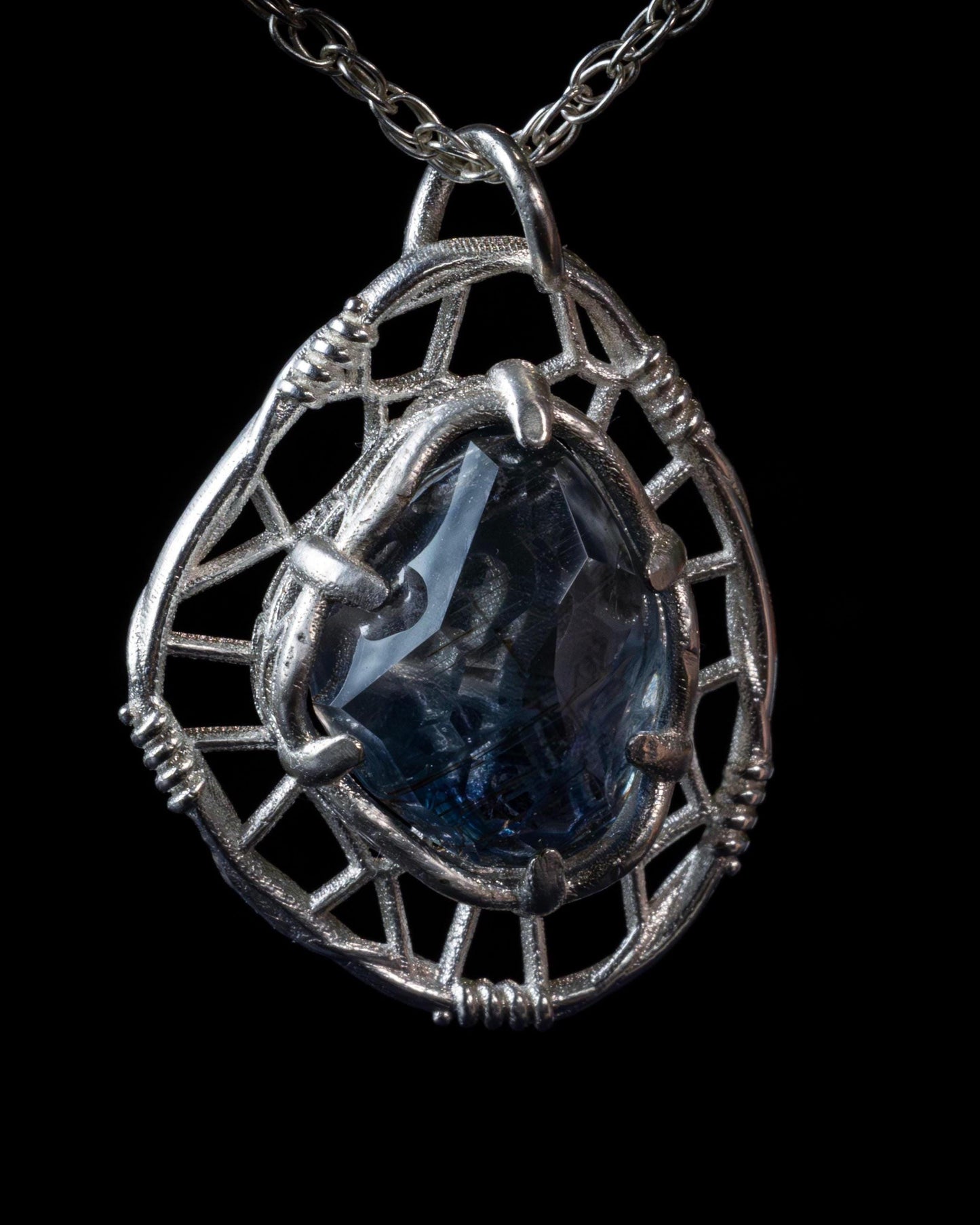 Hand Cut Rutilated Sapphire Sterling Silver Pendant - Dreamcatcher Necklace item 1005 Sterling silver, Sapphire