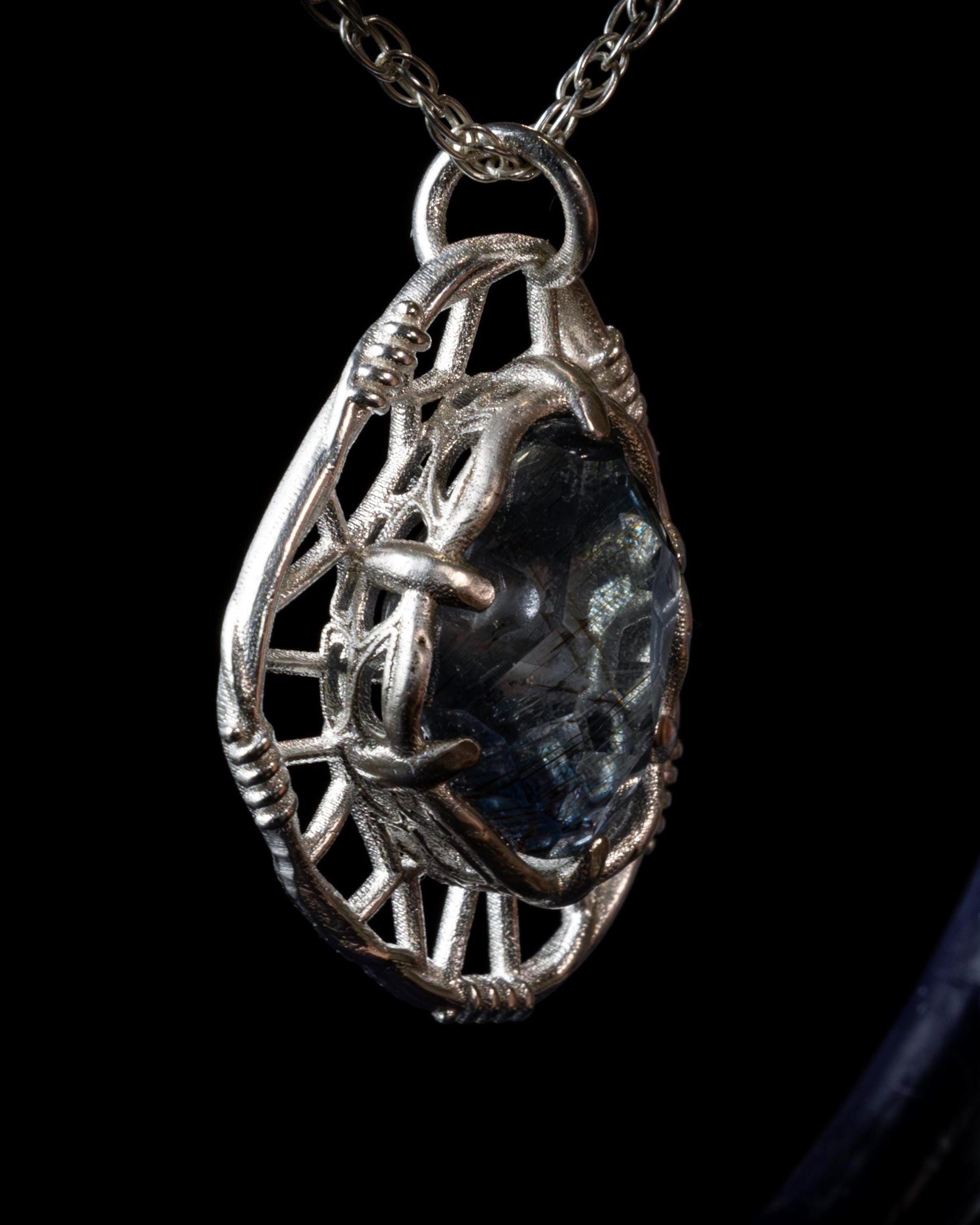 Hand Cut Rutilated Sapphire Sterling Silver Pendant - Dreamcatcher Necklace item 1005 Sterling silver, Sapphire