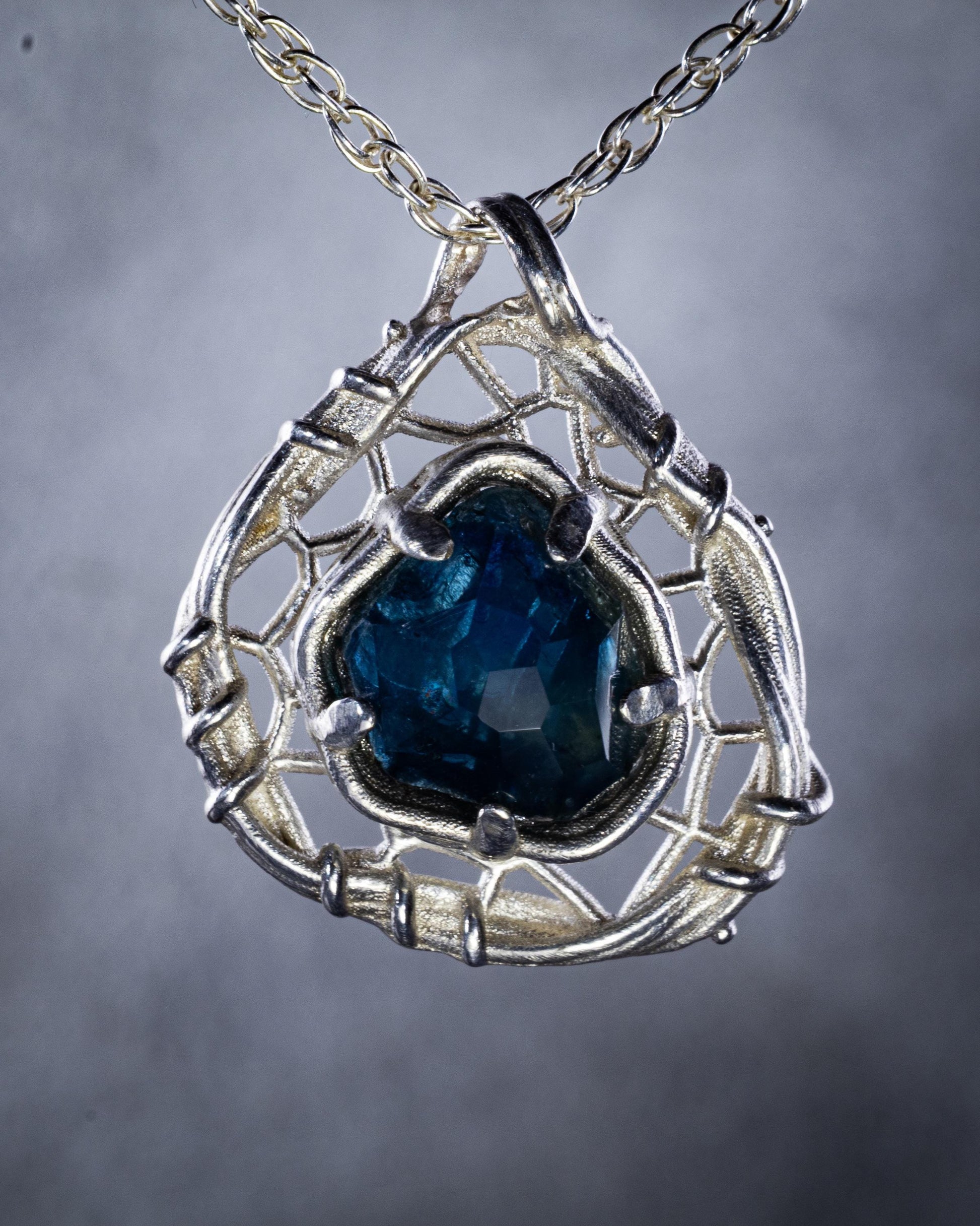Hand Cut Montana Sapphire Sterling Silver Pendant - Dreamcatcher Necklace item 1009 Sterling silver, blue green sapphire, Montana Sapphire