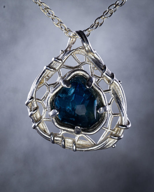 Hand Cut Montana Sapphire Sterling Silver Pendant - Dreamcatcher Necklace item 1009 Sterling silver, blue green sapphire, Montana Sapphire