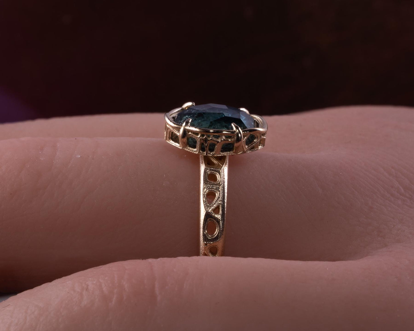 Blue Green Montana Sapphire Ring in 14k Yellow Gold, Hand-Finished Lattice, One of a Kind 14k gold, yellow gold, Montana Sapphire, blue green sapphire