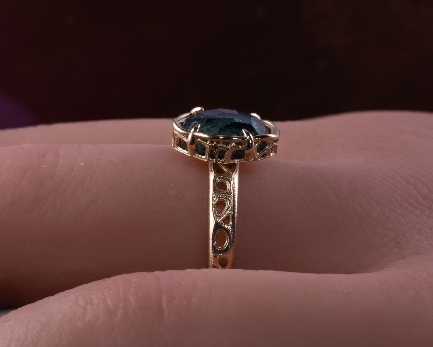 Blue Green Montana Sapphire Ring in 14k Yellow Gold, Hand-Finished Lattice, One of a Kind 14k gold, yellow gold, Montana Sapphire, blue green sapphire