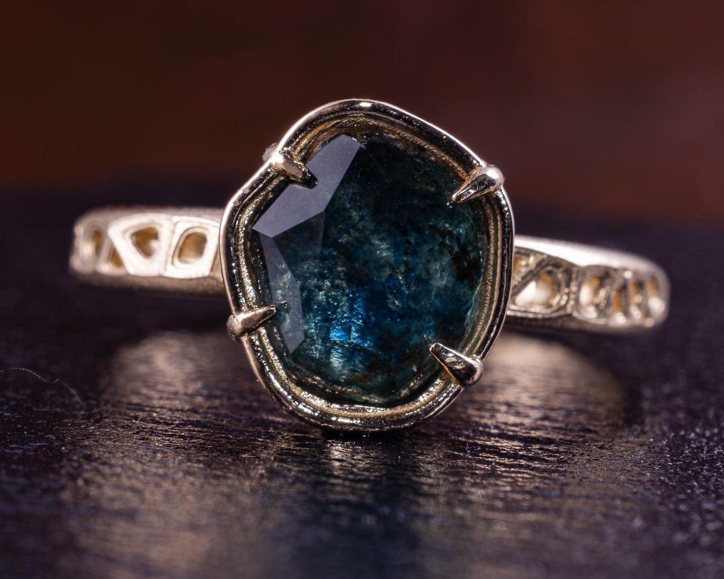 Blue Green Montana Sapphire Ring in 14k Yellow Gold, Hand-Finished Lattice, One of a Kind 14k gold, yellow gold, Montana Sapphire, blue green sapphire