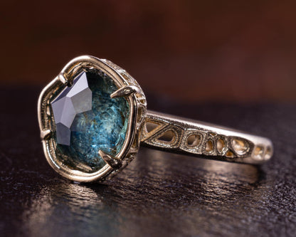 Blue Green Montana Sapphire Ring in 14k Yellow Gold, Hand-Finished Lattice, One of a Kind 14k gold, yellow gold, Montana Sapphire, blue green sapphire